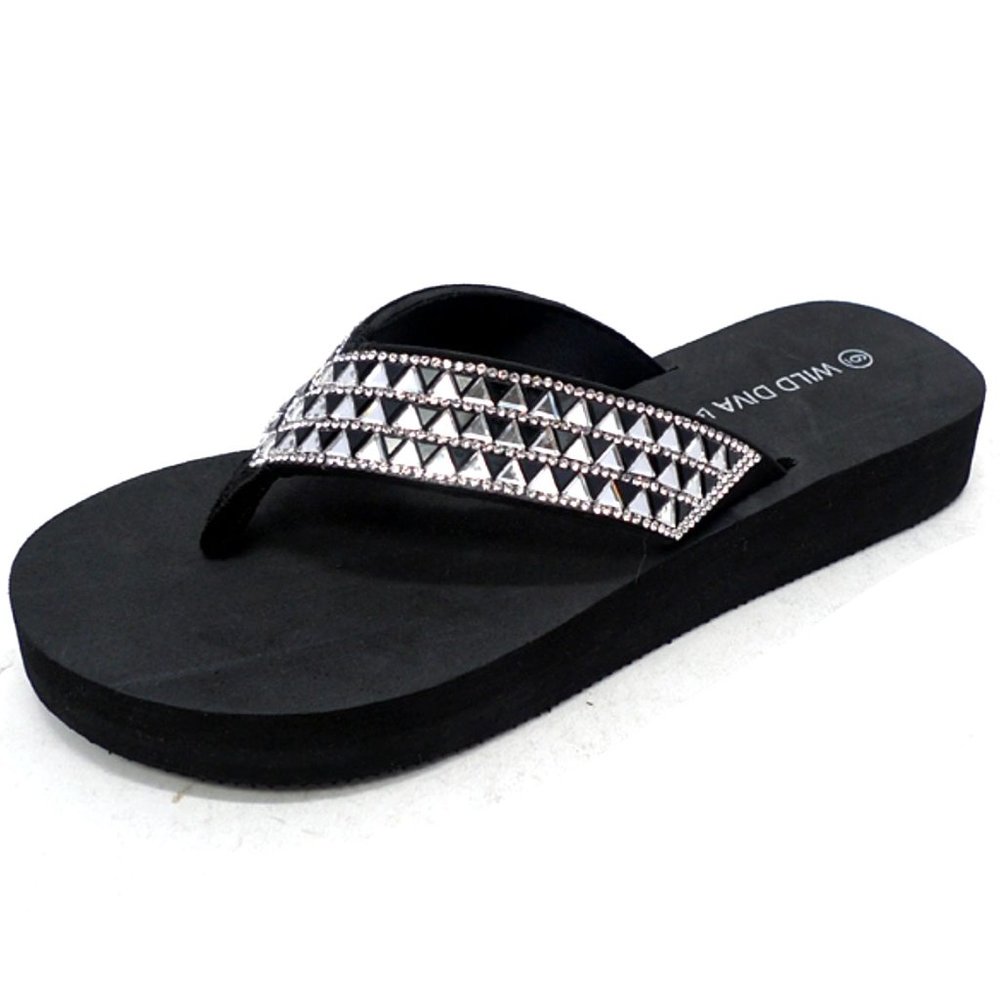 Black Rhinestone Flip Flop Platform Thong Sandals